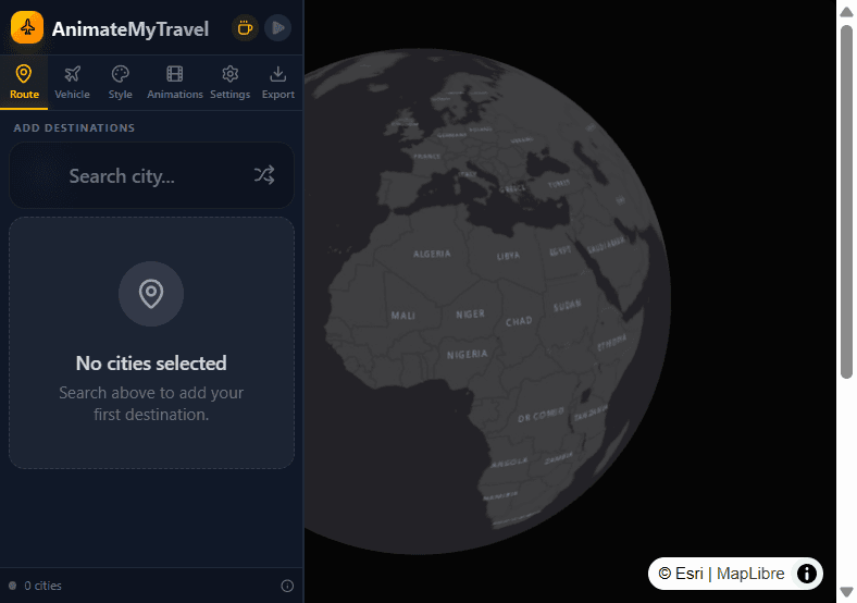 Route tab with city search in the AnimateMyTravel editor