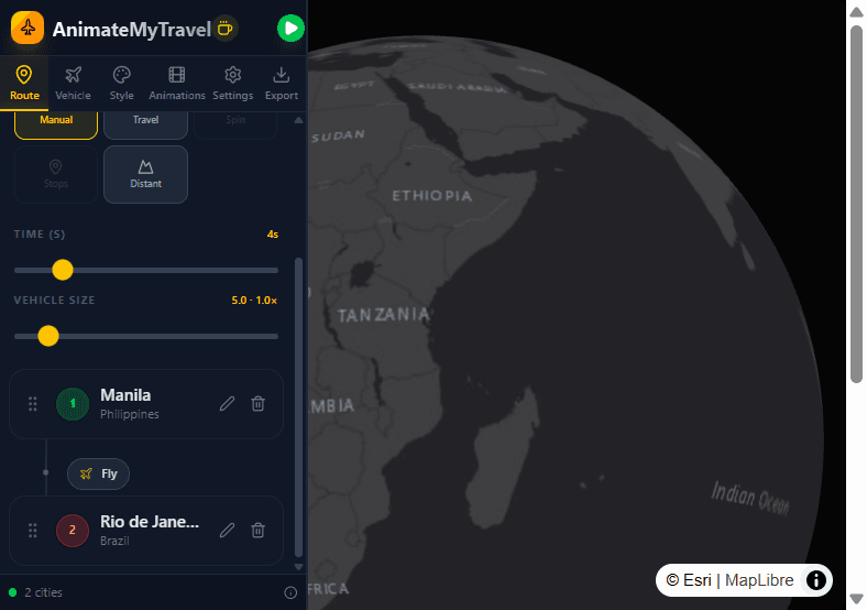 Itinerary list with per-leg travel modes Fly, Drive, Walk, and Cycle