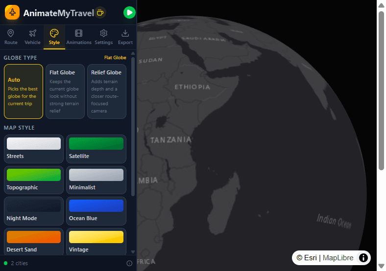 Style tab with globe type and map style options