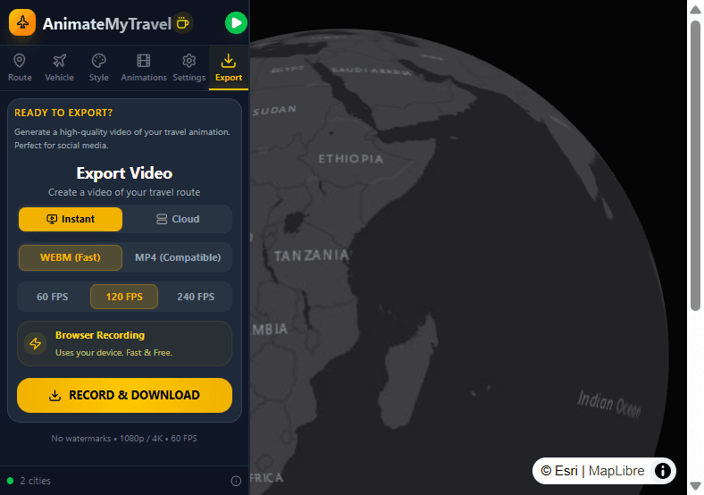 Export tab with Instant WEBM/MP4 and FPS options